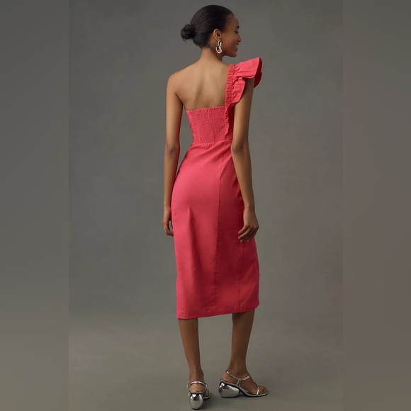 NWT! By Anthropologie One-Shoulder Ruffle Linen Column Midi Dress - Size XL🐬 - Picture 2 of 6